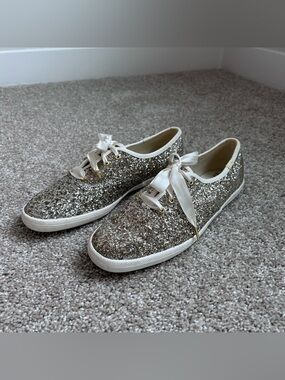 Keds x Kate Spade Glitter Sneakers Womens Size 8 Champagne Silver Ribbon Laces